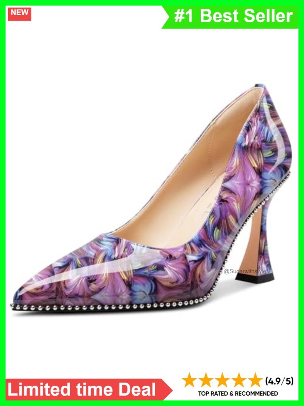 Womens Pointed Toe Faux Leather Kitten Heel Slip-On Beaded Party Pumps